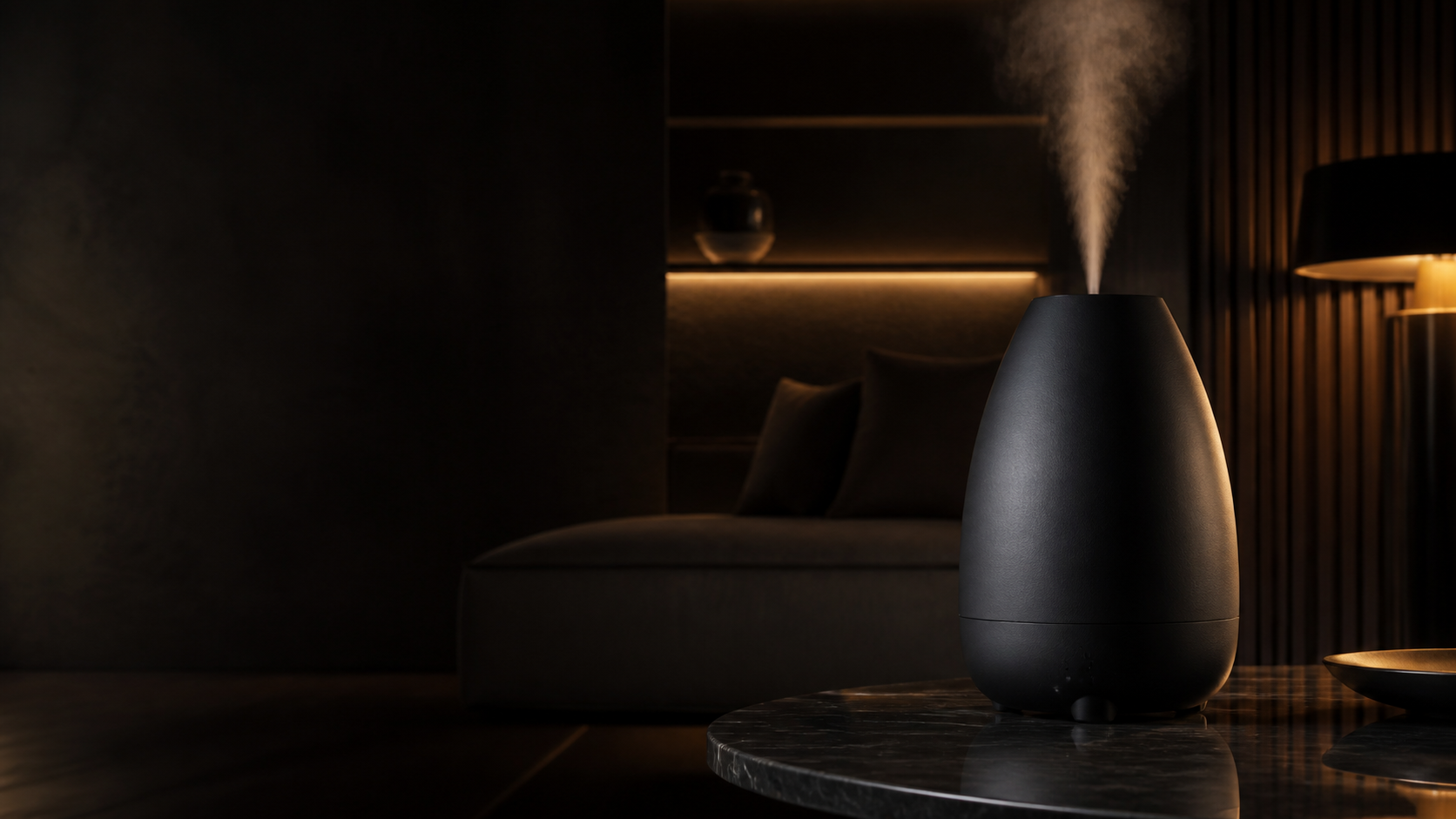 Matte black humidifier in a warm dark living room