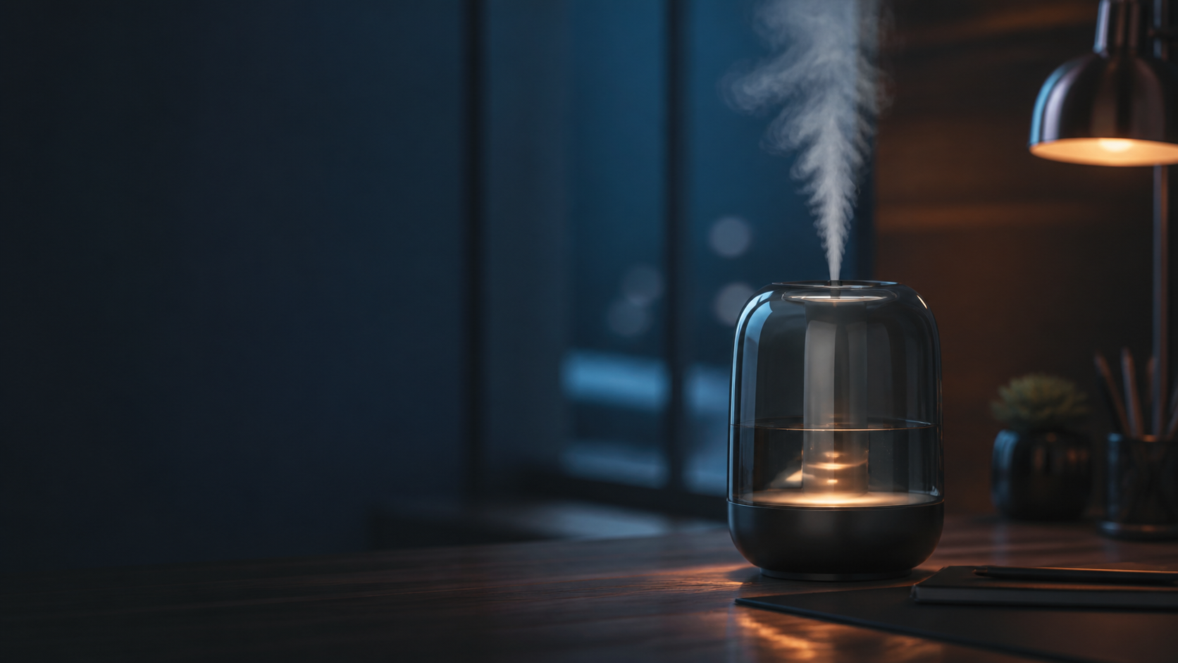 Glass humidifier in a moody workspace